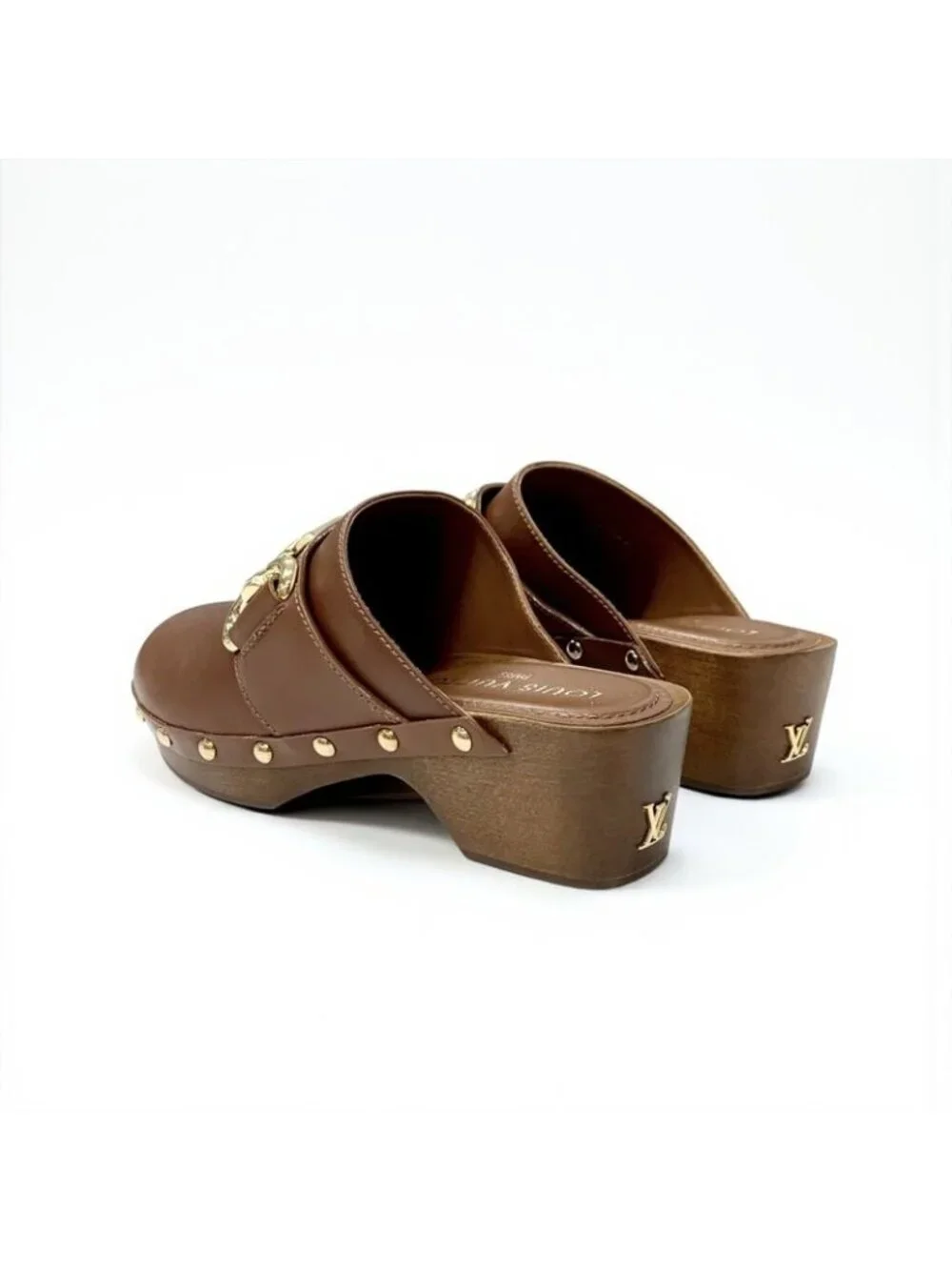 Louis Vuitton Cottage Line Sandals Shoes Leather Brown Gold Logo Studs Sabot - Picture 4 of 10